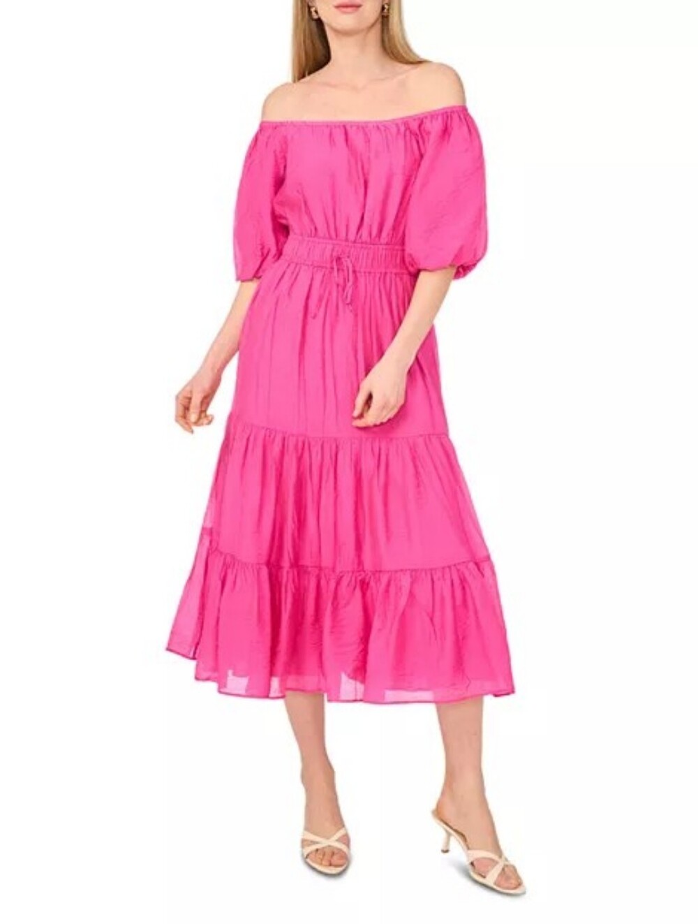Vince Camuto Off-Shoulder Tiered Midi Dress in Hot Pink SZ L New With Tags